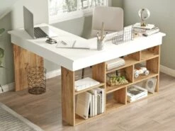 Bureau D'angle Avec Rangements - Coloris : Blanc Et Naturel - LILEUL -mobilier de bureau Shop meuble bureau 12697651
