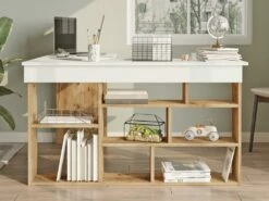 Bureau D'angle Avec Rangements - Coloris : Blanc Et Naturel - LILEUL -mobilier de bureau Shop meuble bureau 12697653
