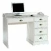 Bureau COLETTE Rangement Avec 5 Tiroirs Et Plateau Avec Corniche, En Pin Massif Lasuré Blanc