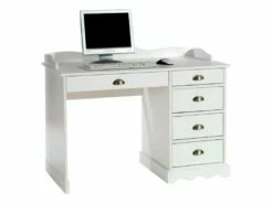 Bureau COLETTE Rangement Avec 5 Tiroirs Et Plateau Avec Corniche, En Pin Massif Lasuré Blanc
