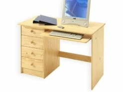 Bureau Enfant Multi Rangements MALTE, Tiroirs Et Support Clavier Pin Massif Vernis Naturel