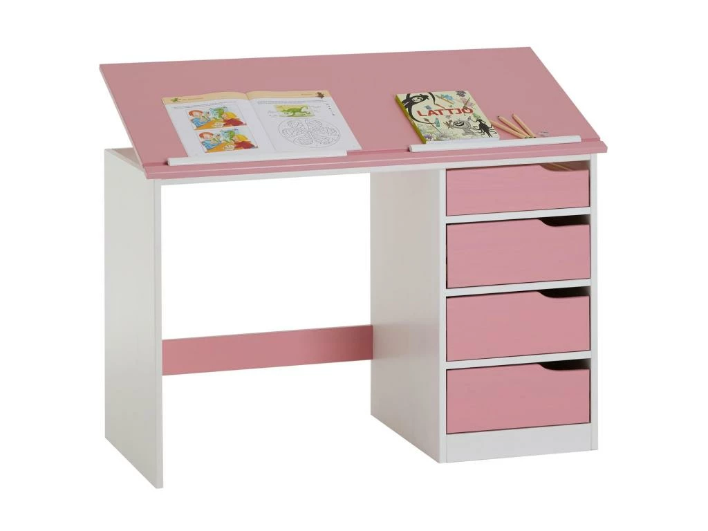 Bureau Enfant écolier Junior EMMA Pupitre Inclinable Avec 4 Tiroirs En Pin Massif, Lasuré Blanc Et Rose 1 Bureau Enfant écolier Junior EMMA Pupitre Inclinable Avec 4 Tiroirs En Pin Massif, Lasuré Blanc Et Rose