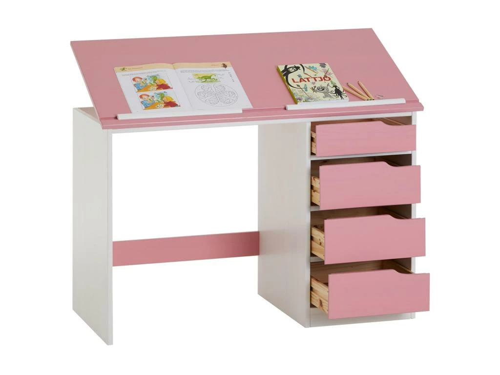 Bureau Enfant écolier Junior EMMA Pupitre Inclinable Avec 4 Tiroirs En Pin Massif, Lasuré Blanc Et Rose 3 Bureau Enfant écolier Junior EMMA Pupitre Inclinable Avec 4 Tiroirs En Pin Massif, Lasuré Blanc Et Rose – Image 3