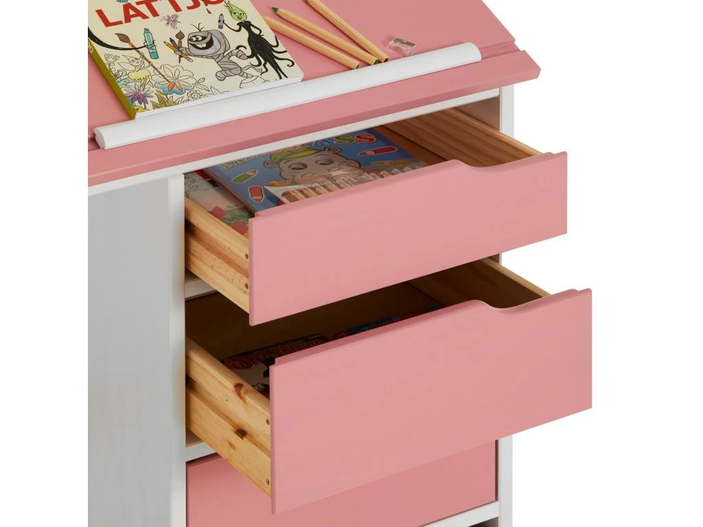 Bureau Enfant écolier Junior EMMA Pupitre Inclinable Avec 4 Tiroirs En Pin Massif, Lasuré Blanc Et Rose 5 Bureau Enfant écolier Junior EMMA Pupitre Inclinable Avec 4 Tiroirs En Pin Massif, Lasuré Blanc Et Rose – Image 5
