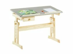 Bureau Enfant FLEXI Table à Dessin Réglable En Hauteur Et Pupitre Inclinable Avec 1 Tiroir, En Pin Massif Vernis Naturel Et Gris