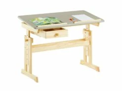 Bureau Enfant FLEXI Table à Dessin Réglable En Hauteur Et Pupitre Inclinable Avec 1 Tiroir, En Pin Massif Vernis Naturel Et Gris -mobilier de bureau Shop meuble bureau 12851009
