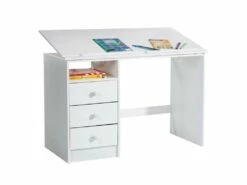 Bureau Enfant écolier Junior KEVIN Pupitre Inclinable Avec 3 Tiroirs 1 Casier En Pin Massif Lasuré Blanc
