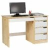 Bureau HUGO Avec Rangement 5 Tiroirs Style Scandinave En Pin Massif Vernis Naturel Et Lasuré Blanc