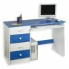 Bureau Enfant Multi Rangements MALTE, Tiroirs Et Support Clavier Pin Massif Lasuré Blanc Bleu