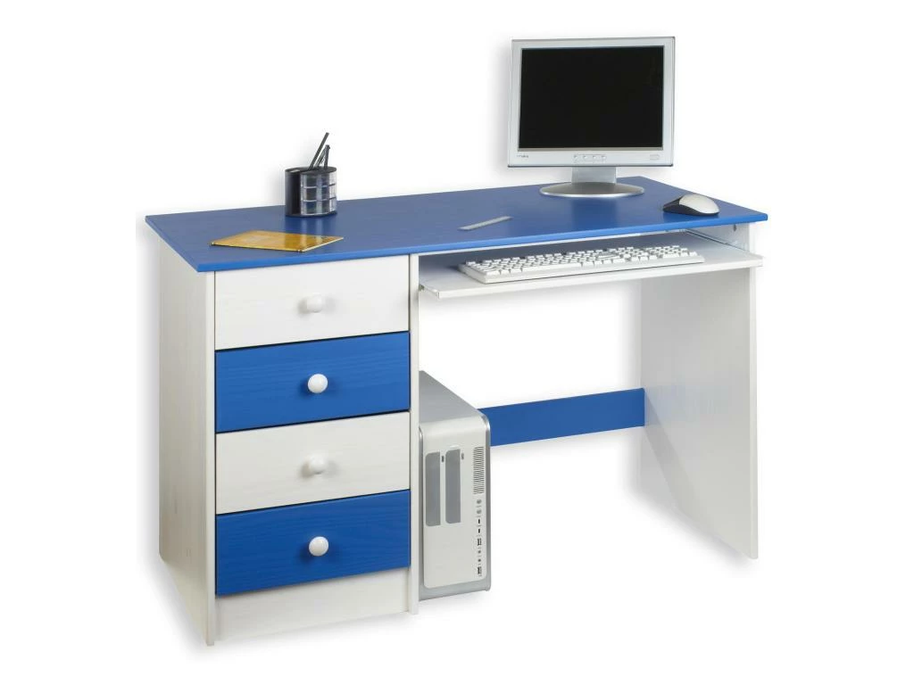 Bureau Enfant Multi Rangements MALTE, Tiroirs Et Support Clavier Pin Massif Lasuré Blanc Bleu 1 Bureau Enfant Multi Rangements MALTE, Tiroirs Et Support Clavier Pin Massif Lasuré Blanc Bleu