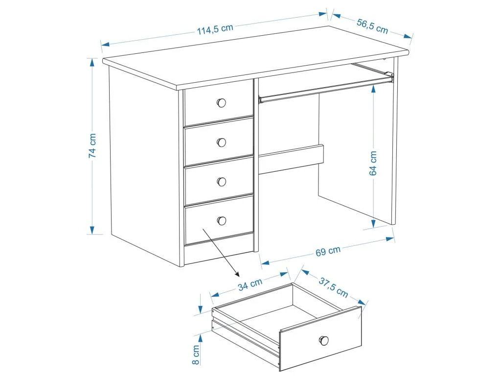 Bureau Enfant Multi Rangements MALTE, Tiroirs Et Support Clavier Pin Massif Lasuré Blanc Bleu 2 Bureau Enfant Multi Rangements MALTE, Tiroirs Et Support Clavier Pin Massif Lasuré Blanc Bleu – Image 2