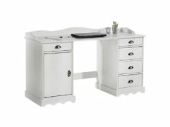 Bureau SANDRINE Multi Rangements 5 Tiroirs Et 1 Placard Avec Corniche En Pin Massif Lasuré Blanc