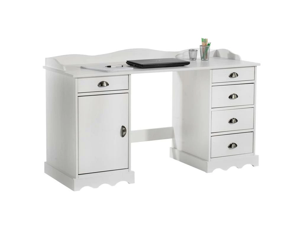 Bureau SANDRINE Multi Rangements 5 Tiroirs Et 1 Placard Avec Corniche En Pin Massif Lasuré Blanc 1 Bureau SANDRINE Multi Rangements 5 Tiroirs Et 1 Placard Avec Corniche En Pin Massif Lasuré Blanc