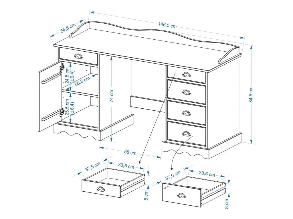 Bureau SANDRINE Multi Rangements 5 Tiroirs Et 1 Placard Avec Corniche En Pin Massif Lasuré Blanc 4 Bureau SANDRINE Multi Rangements 5 Tiroirs Et 1 Placard Avec Corniche En Pin Massif Lasuré Blanc – Image 4
