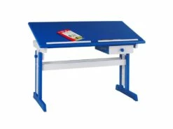 Bureau Enfant écolier Junior FLEXI Table à Dessin Réglable En Hauteur Et Pupitre Inclinable Avec 1 Tiroir En Pin Lasuré Blanc Bleu