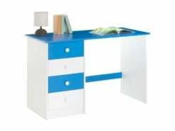 Bureau ARNE Pour Enfant Ou Adulte Multi Rangements, Avec 4 Tiroirs, En Pin Massif Lasuré Blanc Et Bleu
