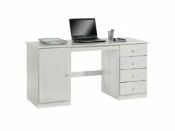 Bureau Multi Rangements Pin Massif Lasuré Blanc