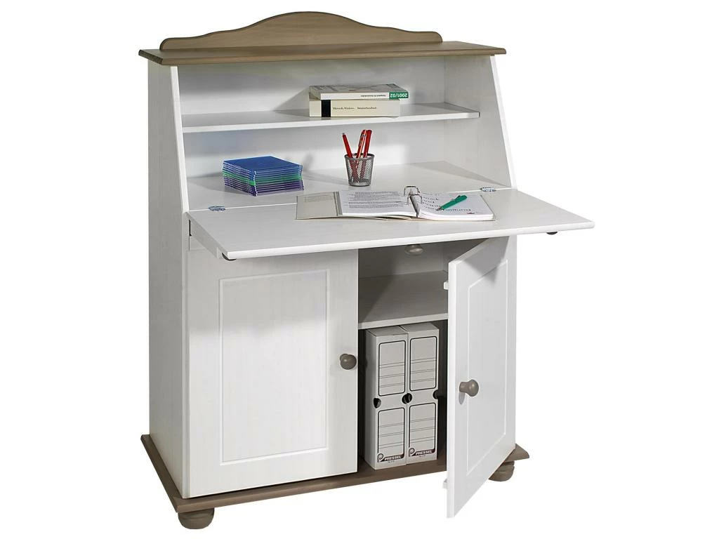Bureau Secrétaire DAVID Avec Abattant Rangement Plusieurs étagères 2 Portes Plan De Travail Rabattable, En Pin Massif Taupe Et Blanc 1 Bureau Secrétaire DAVID Avec Abattant Rangement Plusieurs étagères 2 Portes Plan De Travail Rabattable, En Pin Massif Taupe Et Blanc