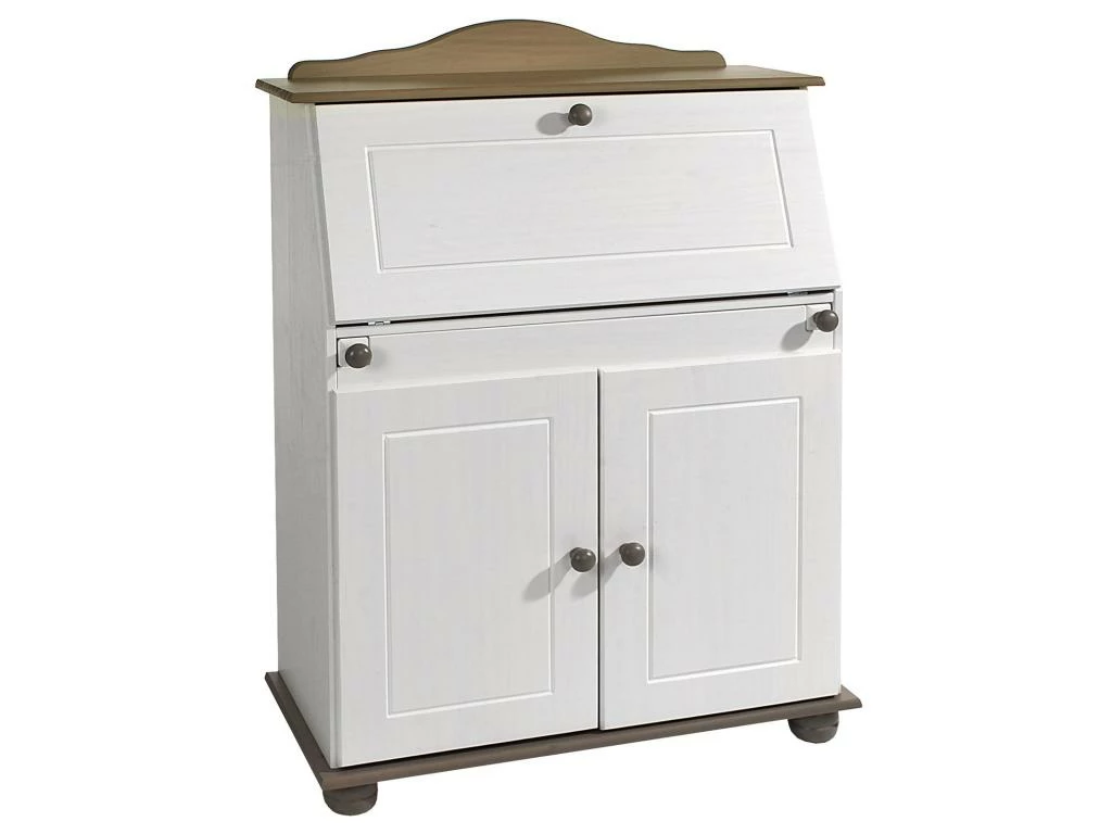 Bureau Secrétaire DAVID Avec Abattant Rangement Plusieurs étagères 2 Portes Plan De Travail Rabattable, En Pin Massif Taupe Et Blanc 2 Bureau Secrétaire DAVID Avec Abattant Rangement Plusieurs étagères 2 Portes Plan De Travail Rabattable, En Pin Massif Taupe Et Blanc – Image 2