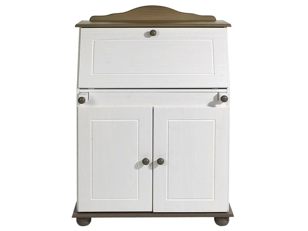 Bureau Secrétaire DAVID Avec Abattant Rangement Plusieurs étagères 2 Portes Plan De Travail Rabattable, En Pin Massif Taupe Et Blanc 3 Bureau Secrétaire DAVID Avec Abattant Rangement Plusieurs étagères 2 Portes Plan De Travail Rabattable, En Pin Massif Taupe Et Blanc – Image 3