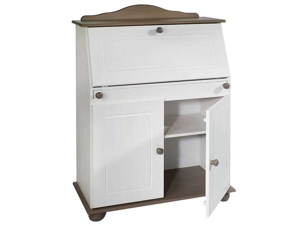 Bureau Secrétaire DAVID Avec Abattant Rangement Plusieurs étagères 2 Portes Plan De Travail Rabattable, En Pin Massif Taupe Et Blanc 4 Bureau Secrétaire DAVID Avec Abattant Rangement Plusieurs étagères 2 Portes Plan De Travail Rabattable, En Pin Massif Taupe Et Blanc – Image 4