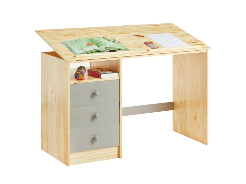 Bureau Enfant écolier Junior KEVIN Pupitre Inclinable Avec 3 Tiroirs 1 Casier En Pin Massif Vernis Naturel Et Lasuré Gris 1 Bureau Enfant écolier Junior KEVIN Pupitre Inclinable Avec 3 Tiroirs 1 Casier En Pin Massif Vernis Naturel Et Lasuré Gris