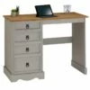 Bureau RAMON Avec Rangement 4 Tiroirs, Style Mexicain, En Pin Massif Lasuré Gris Et Brun