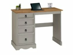 Bureau RAMON Avec Rangement 4 Tiroirs, Style Mexicain, En Pin Massif Lasuré Gris Et Brun