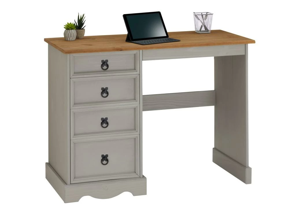 Bureau RAMON Avec Rangement 4 Tiroirs, Style Mexicain, En Pin Massif Lasuré Gris Et Brun 1 Bureau RAMON Avec Rangement 4 Tiroirs, Style Mexicain, En Pin Massif Lasuré Gris Et Brun