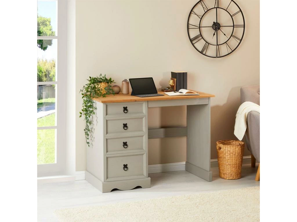 Bureau RAMON Avec Rangement 4 Tiroirs, Style Mexicain, En Pin Massif Lasuré Gris Et Brun 2 Bureau RAMON Avec Rangement 4 Tiroirs, Style Mexicain, En Pin Massif Lasuré Gris Et Brun – Image 2