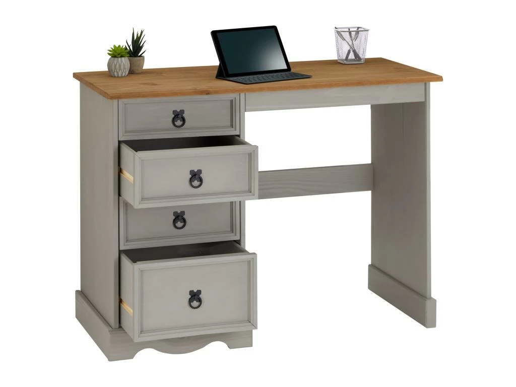 Bureau RAMON Avec Rangement 4 Tiroirs, Style Mexicain, En Pin Massif Lasuré Gris Et Brun 4 Bureau RAMON Avec Rangement 4 Tiroirs, Style Mexicain, En Pin Massif Lasuré Gris Et Brun – Image 4