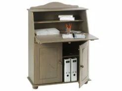 Bureau Secrétaire DAVID Avec Abattant Rangement Plusieurs étagères 2 Portes Et Plan De Travail Rabattable En Pin Massif Lasuré Taupe