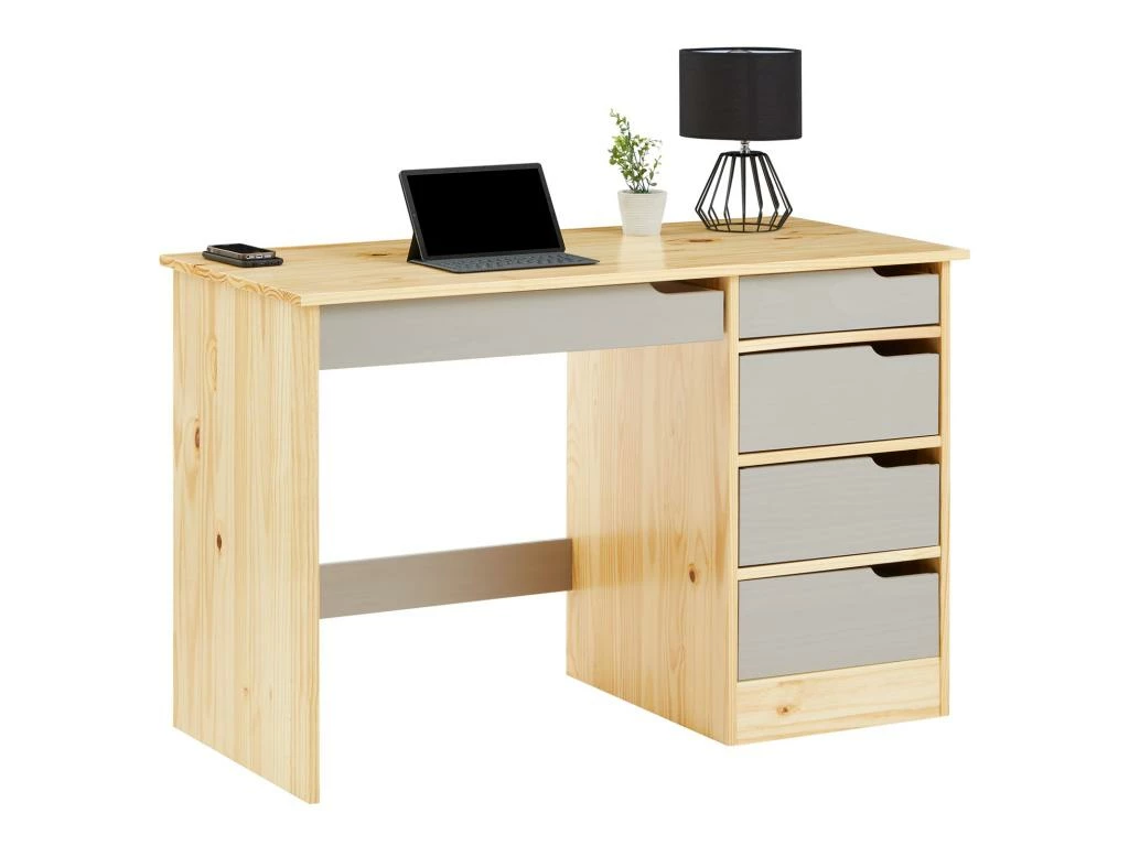 Bureau HUGO Avec Rangement 5 Tiroirs Style Scandinave En Pin Massif Vernis Naturel Et Lasuré Gris 1 Bureau HUGO Avec Rangement 5 Tiroirs Style Scandinave En Pin Massif Vernis Naturel Et Lasuré Gris