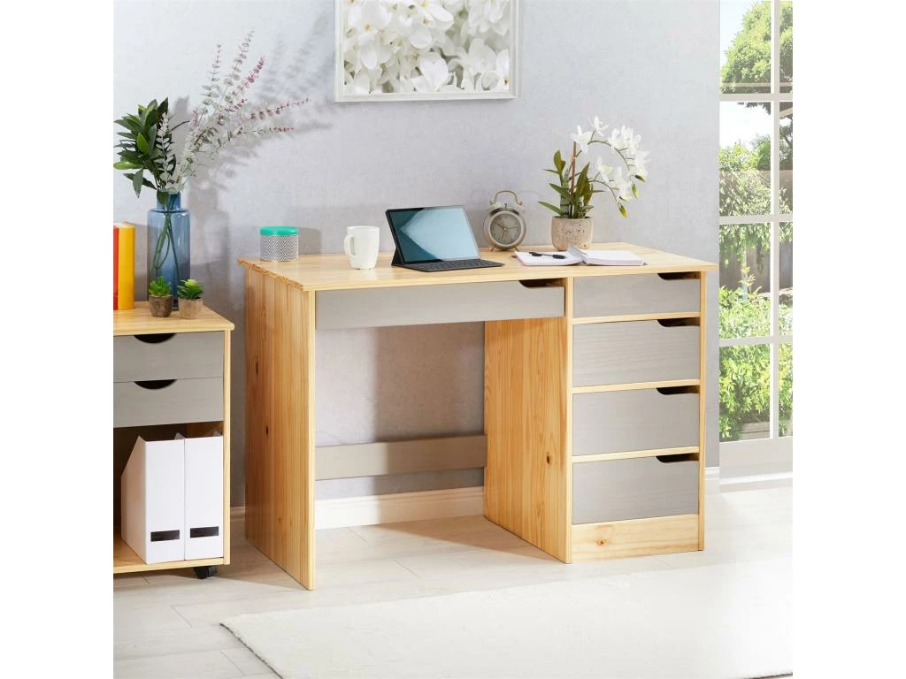 Bureau HUGO Avec Rangement 5 Tiroirs Style Scandinave En Pin Massif Vernis Naturel Et Lasuré Gris 2 Bureau HUGO Avec Rangement 5 Tiroirs Style Scandinave En Pin Massif Vernis Naturel Et Lasuré Gris – Image 2