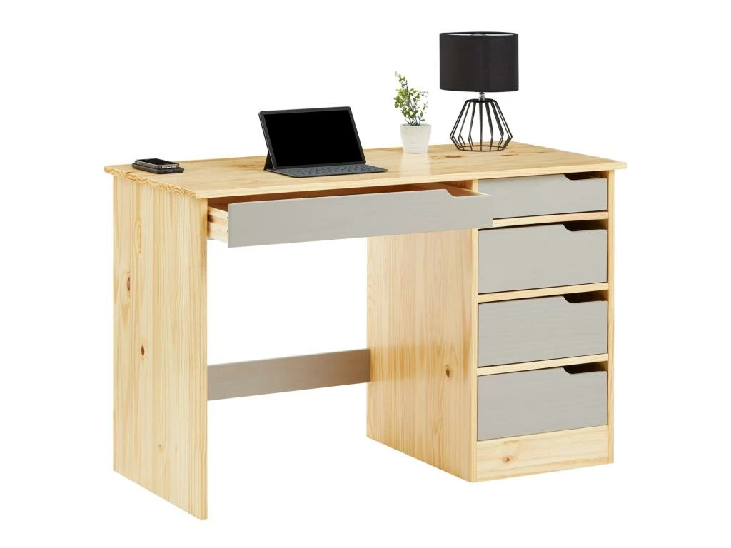Bureau HUGO Avec Rangement 5 Tiroirs Style Scandinave En Pin Massif Vernis Naturel Et Lasuré Gris 4 Bureau HUGO Avec Rangement 5 Tiroirs Style Scandinave En Pin Massif Vernis Naturel Et Lasuré Gris – Image 4