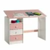 Bureau Enfant écolier Junior KEVIN Pupitre Inclinable Avec 3 Tiroirs 1 Casier En Pin Massif Lasuré Blanc Et Rose