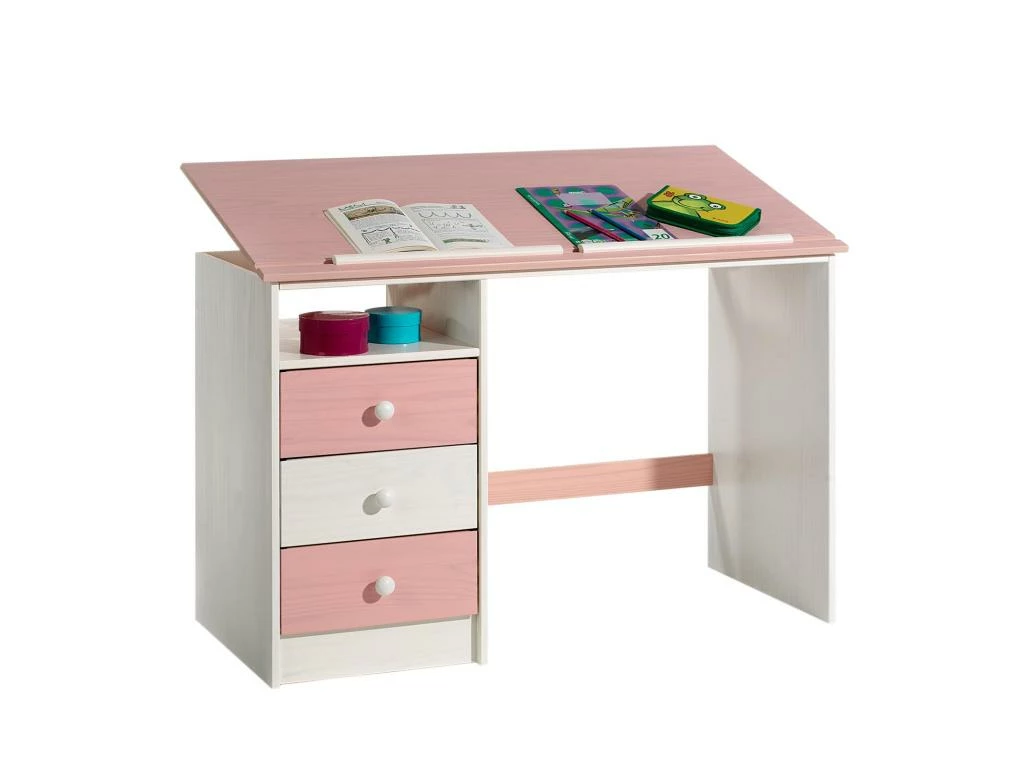 Bureau Enfant écolier Junior KEVIN Pupitre Inclinable Avec 3 Tiroirs 1 Casier En Pin Massif Lasuré Blanc Et Rose 1 Bureau Enfant écolier Junior KEVIN Pupitre Inclinable Avec 3 Tiroirs 1 Casier En Pin Massif Lasuré Blanc Et Rose