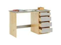 Bureau Enfant écolier Junior EMMA Pupitre Inclinable Avec 4 Tiroirs En Pin Massif, Naturel Et Lasuré Gris -mobilier de bureau Shop meuble bureau 12851547