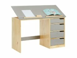 Bureau Enfant écolier Junior EMMA Pupitre Inclinable Avec 4 Tiroirs En Pin Massif, Naturel Et Lasuré Gris -mobilier de bureau Shop meuble bureau 12851549