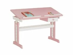 Bureau Enfant écolier Junior FLEXI Table à Dessin Réglable En Hauteur Et Pupitre Inclinable Avec 1 Tiroir En Pin Lasuré Blanc Rose