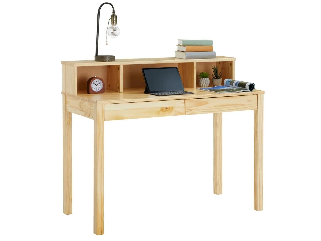 Bureau LENNOX Avec Rangement 2 Tiroirs Et 3 Niches, En Pin Massif Recouvert D'un Vernis Naturel 1 Bureau LENNOX Avec Rangement 2 Tiroirs Et 3 Niches, En Pin Massif Recouvert D'un Vernis Naturel