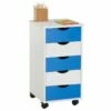 Caisson De Bureau LAGOS Meuble De Rangement Sur Roulettes Avec 5 Tiroirs, En Pin Massif Lasuré Blanc Et Bleu