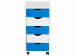 Caisson De Bureau LAGOS Meuble De Rangement Sur Roulettes Avec 5 Tiroirs, En Pin Massif Lasuré Blanc Et Bleu -mobilier de bureau Shop meuble bureau 12852131