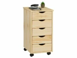 Caisson De Bureau LAGOS Meuble De Rangement Sur Roulettes Avec 5 Tiroirs, En Pin Massif Finition Vernis Naturel