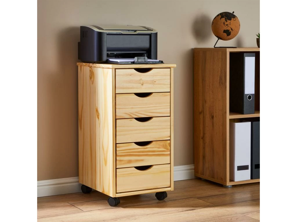 Caisson De Bureau LAGOS Meuble De Rangement Sur Roulettes Avec 5 Tiroirs, En Pin Massif Finition Vernis Naturel 2 Caisson De Bureau LAGOS Meuble De Rangement Sur Roulettes Avec 5 Tiroirs, En Pin Massif Finition Vernis Naturel – Image 2