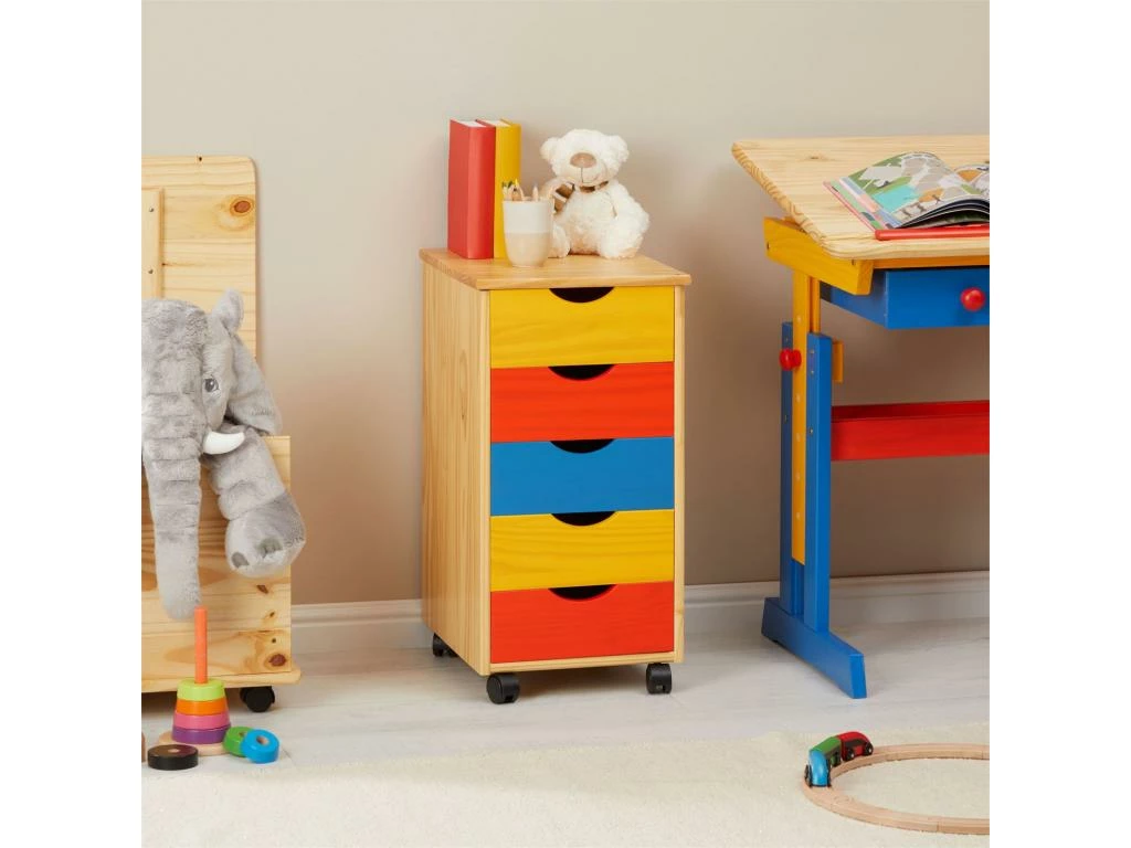Caisson De Bureau LAGOS Meuble De Rangement Sur Roulettes Avec 5 Tiroirs, En Pin Massif Lasuré Multicolore Jaune Rose Et Bleu 2 Caisson De Bureau LAGOS Meuble De Rangement Sur Roulettes Avec 5 Tiroirs, En Pin Massif Lasuré Multicolore Jaune Rose Et Bleu – Image 2