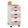 Caisson De Bureau LAGOS Meuble De Rangement Sur Roulettes Avec 5 Tiroirs, En Pin Massif Lasuré Blanc Et Rose