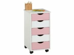 Caisson De Bureau LAGOS Meuble De Rangement Sur Roulettes Avec 5 Tiroirs, En Pin Massif Lasuré Blanc Et Rose