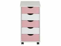 Caisson De Bureau LAGOS Meuble De Rangement Sur Roulettes Avec 5 Tiroirs, En Pin Massif Lasuré Blanc Et Rose -mobilier de bureau Shop meuble bureau 12852351