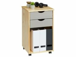 Caisson De Bureau KANO, Meuble De Rangement Sur Roulettes Avec 2 Tiroirs Et 1 Niche, En Pin Massif Naturel Et Gris
